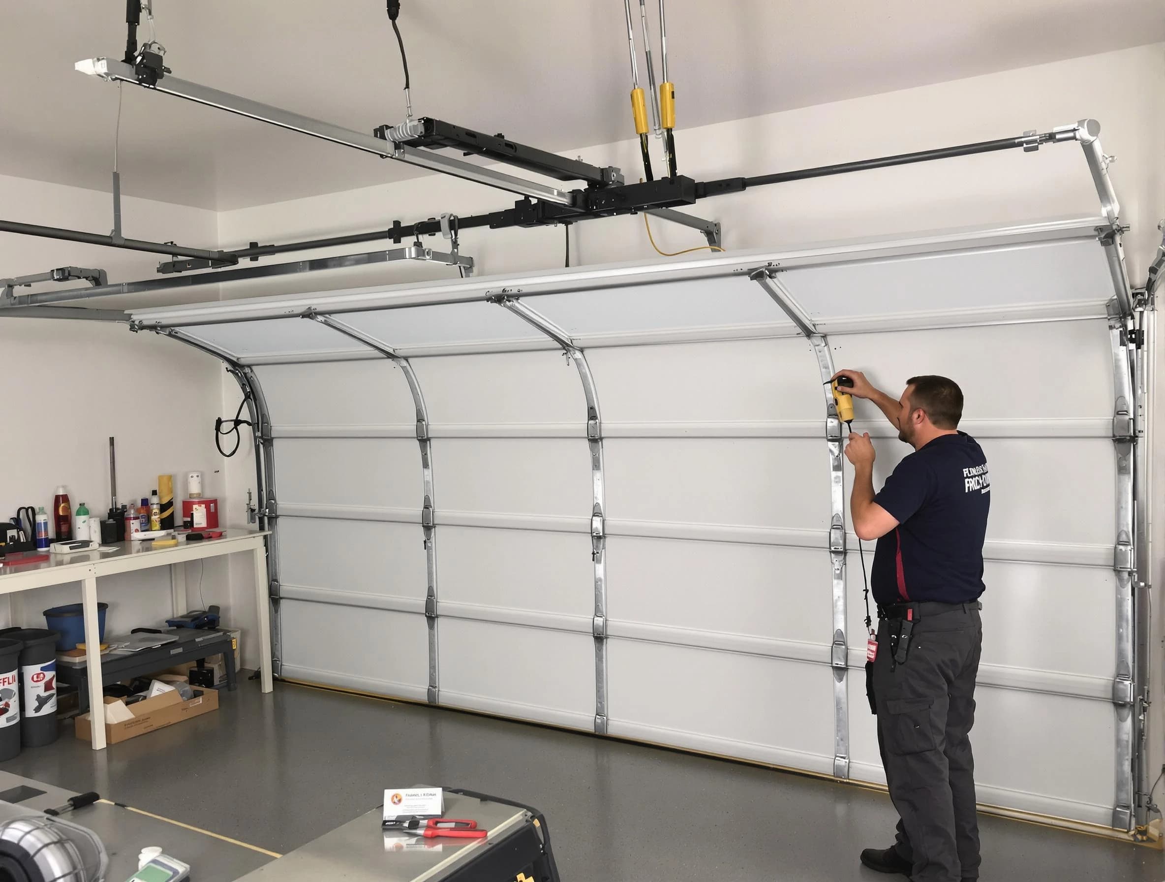 Greensburg Garage Door Repair certified technician performing overhead door system repair in Greensburg