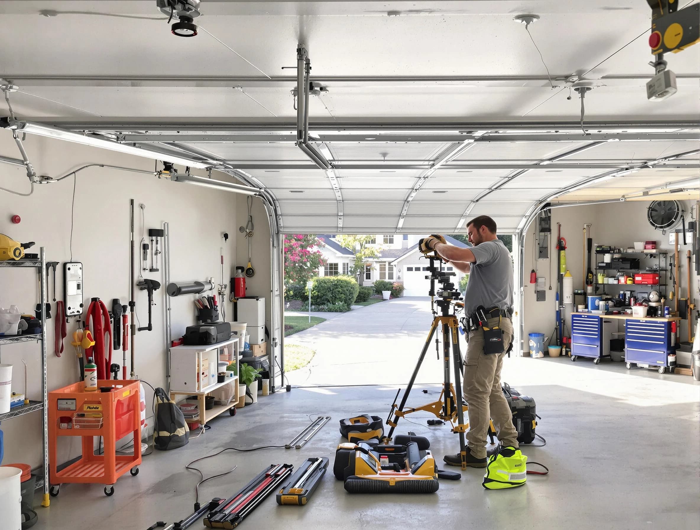 Greensburg Garage Door Repair specialist performing laser-guided track alignment in Greensburg