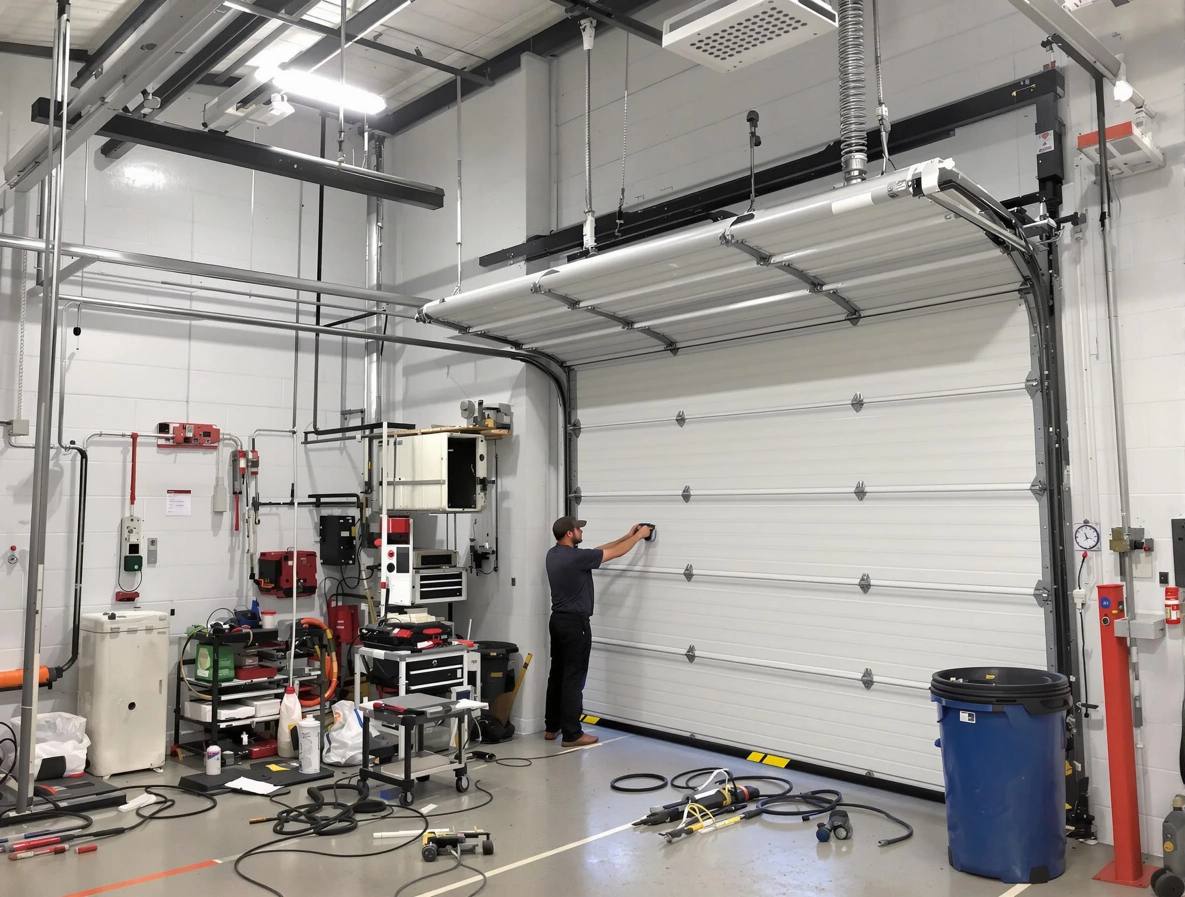 Greensburg Garage Door Repair certified technician performing commercial door repair at a Greensburg business facility