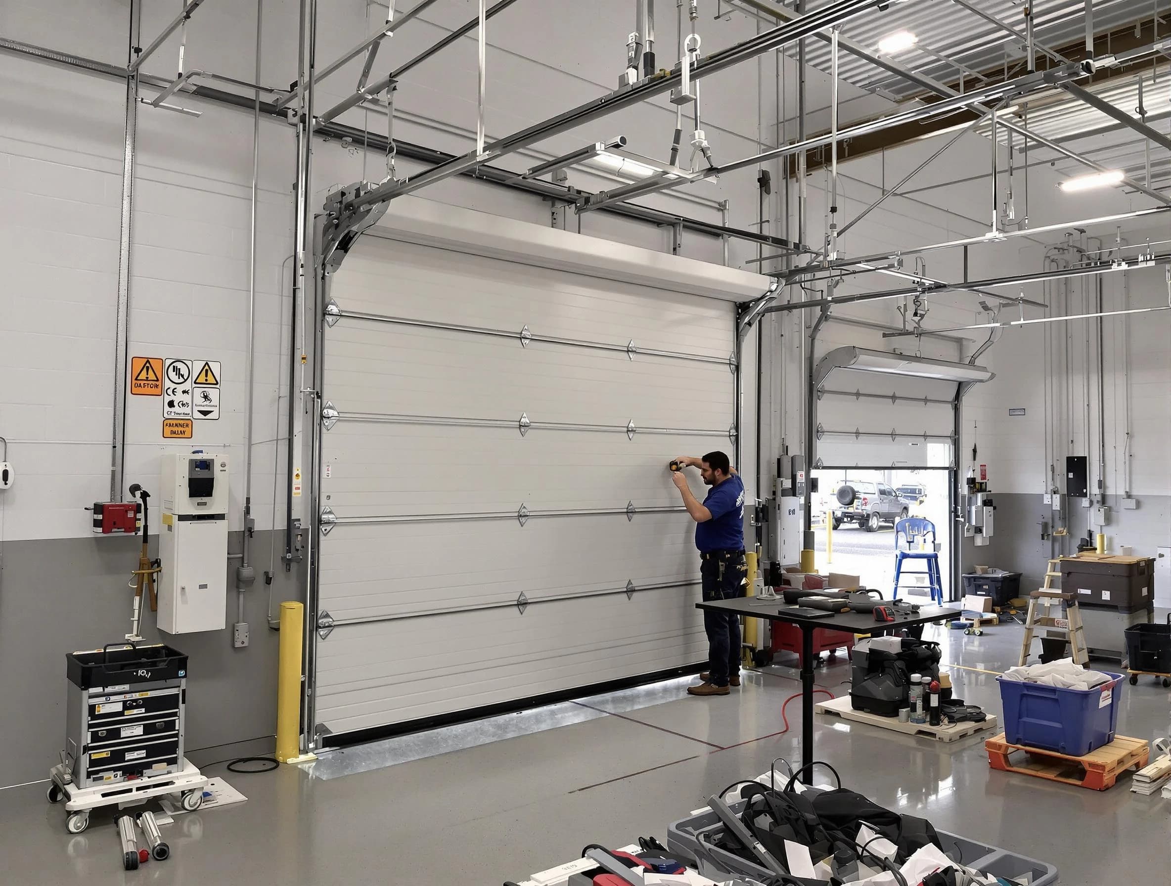 Commercial garage door repair being performed by Greensburg Garage Door Repair expert in Greensburg