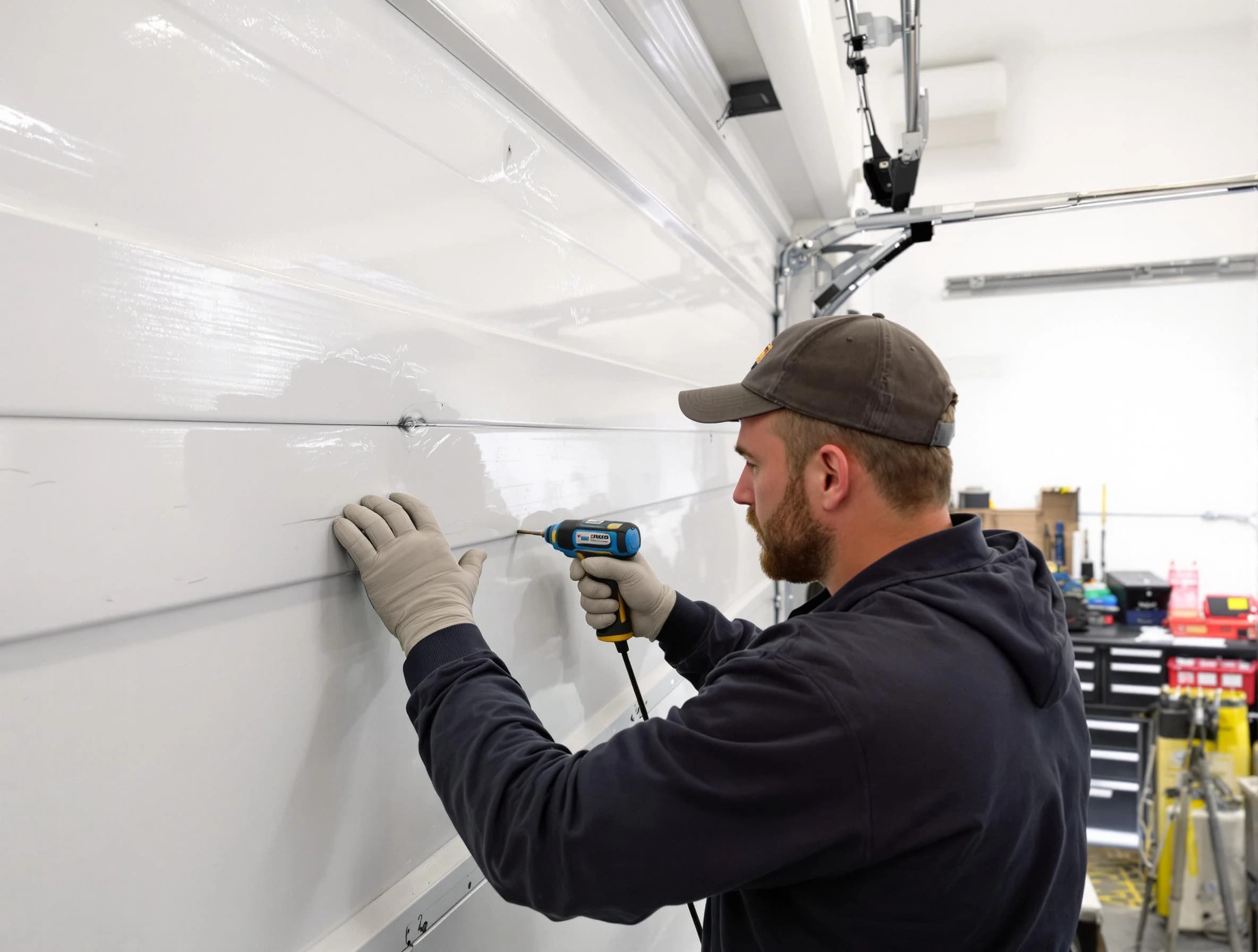Greensburg Garage Door Repair technician demonstrating precision dent removal techniques on a Greensburg garage door