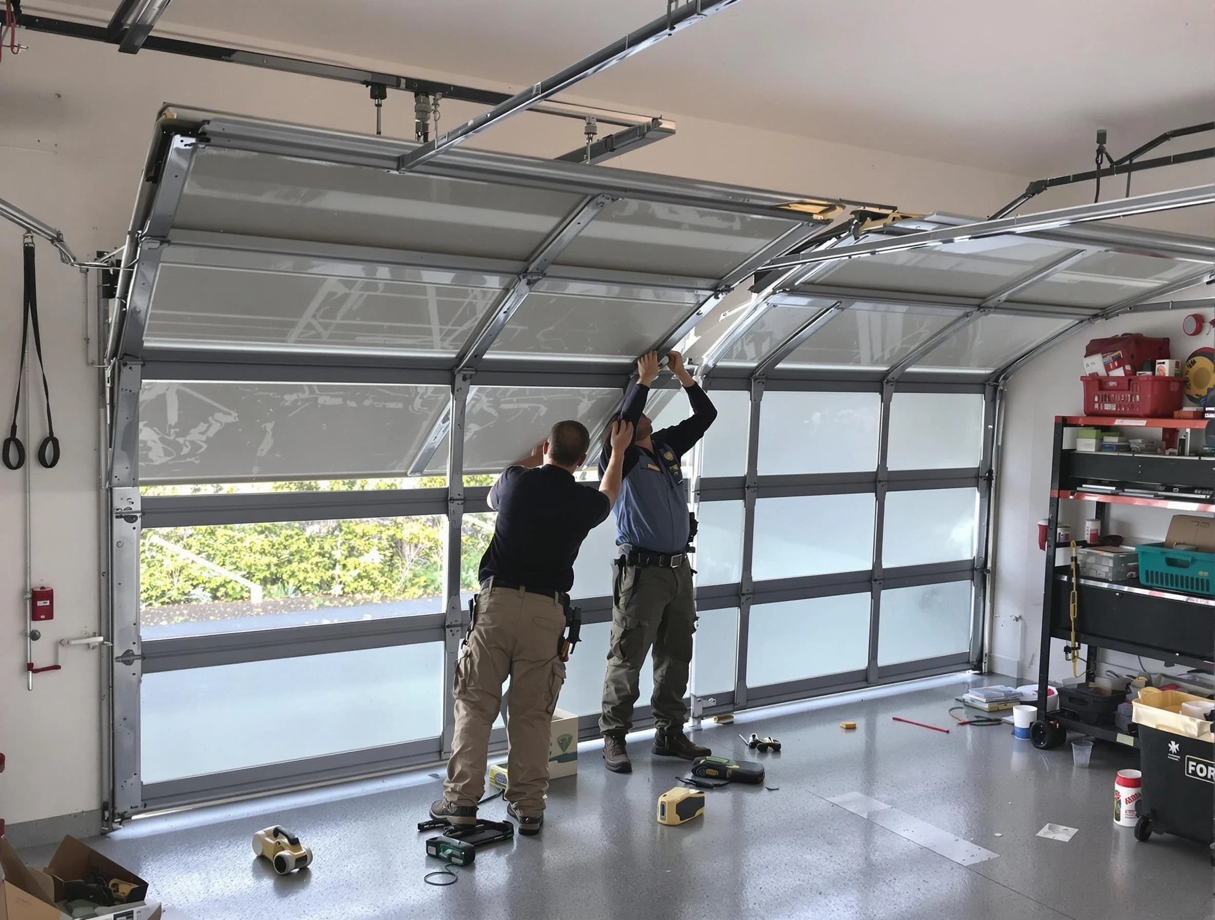 Greensburg Garage Door Repair expert performing precise panel replacement on Greensburg garage door